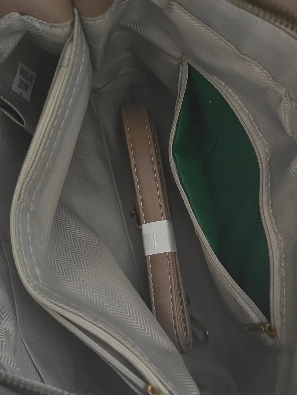 Neutral Beige Men’s Organizer Tote Bag with Green Lining